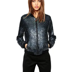 Cool & Classic Style Women Sequin Coat Bomber Jacket Long Sleeve Zipper Streetwear Casual Loose Glitter Outerwear New Fashion Female Autumn Coat