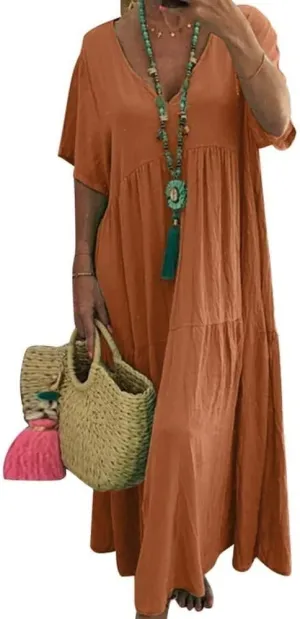 Costaric Womens Linen Maxi Dresses V Neck Oversized Baggy Flowy Floor Length Long Dress Cotton Summer Beach Casual Loose Cute