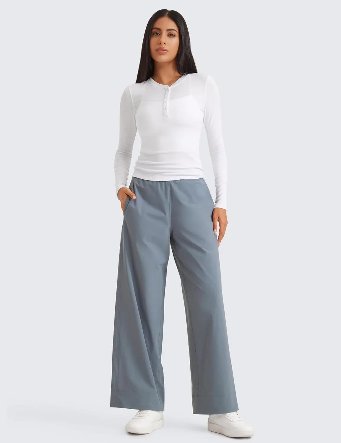CRZ YOGA Stretch Wide Leg Casual Pants for Women 30" High Waisted Dress Work Water Resistant Travel Trousers