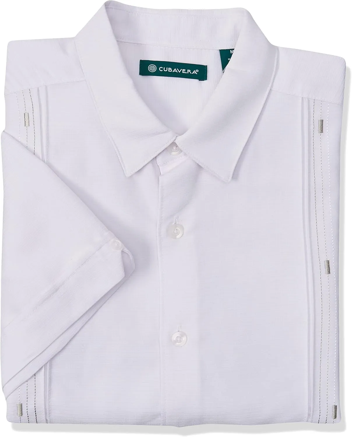 Cubavera mens Cuban Camp With Contrast Insert Panels Button Down Shirt, Bright White With Variating Tuck Pattern, Medium US