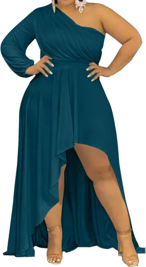 Ekaliy Women's Plus Size One Shoulder Maxi Dress Long Sleeve High Low Irregular Hem Flowy Long Party Cocktail Dress
