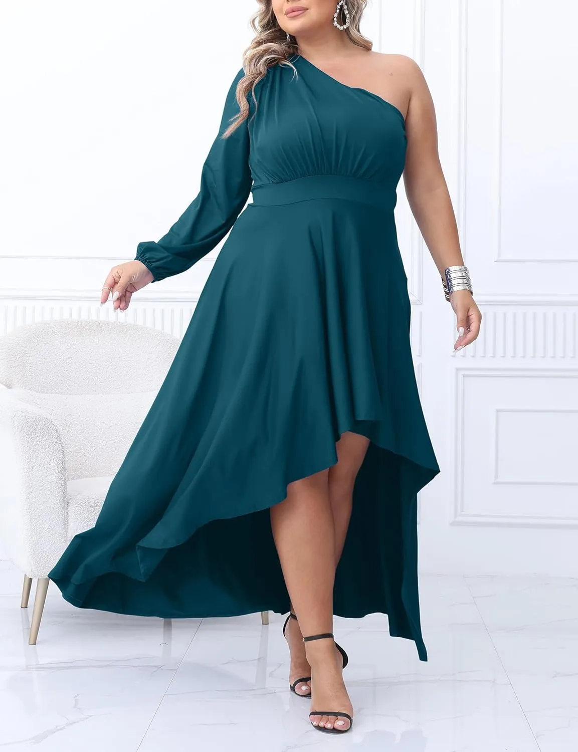 Ekaliy Women's Plus Size One Shoulder Maxi Dress Long Sleeve High Low Irregular Hem Flowy Long Party Cocktail Dress