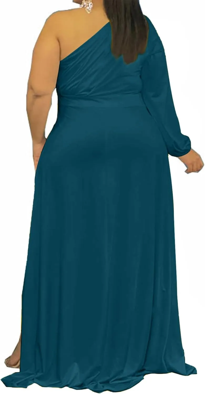 Ekaliy Women's Plus Size One Shoulder Maxi Dress Long Sleeve High Low Irregular Hem Flowy Long Party Cocktail Dress