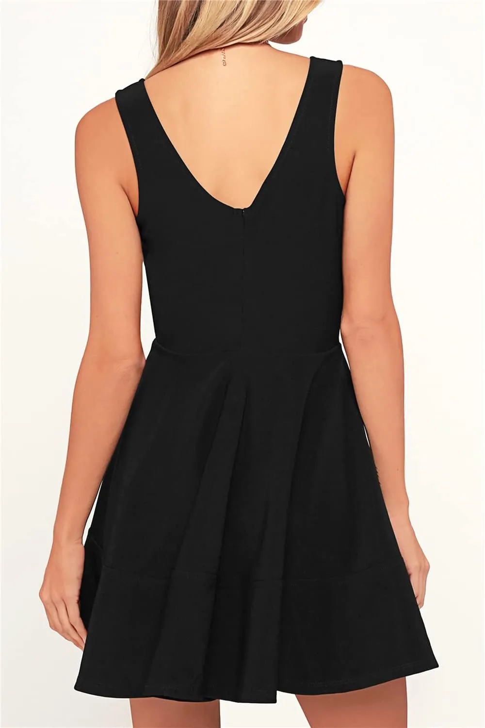 FANCYINN Women's Short V-Back Dress U-Neck Inslace Hem Wide Straps Tank Mini Skater Cocktail Dresses