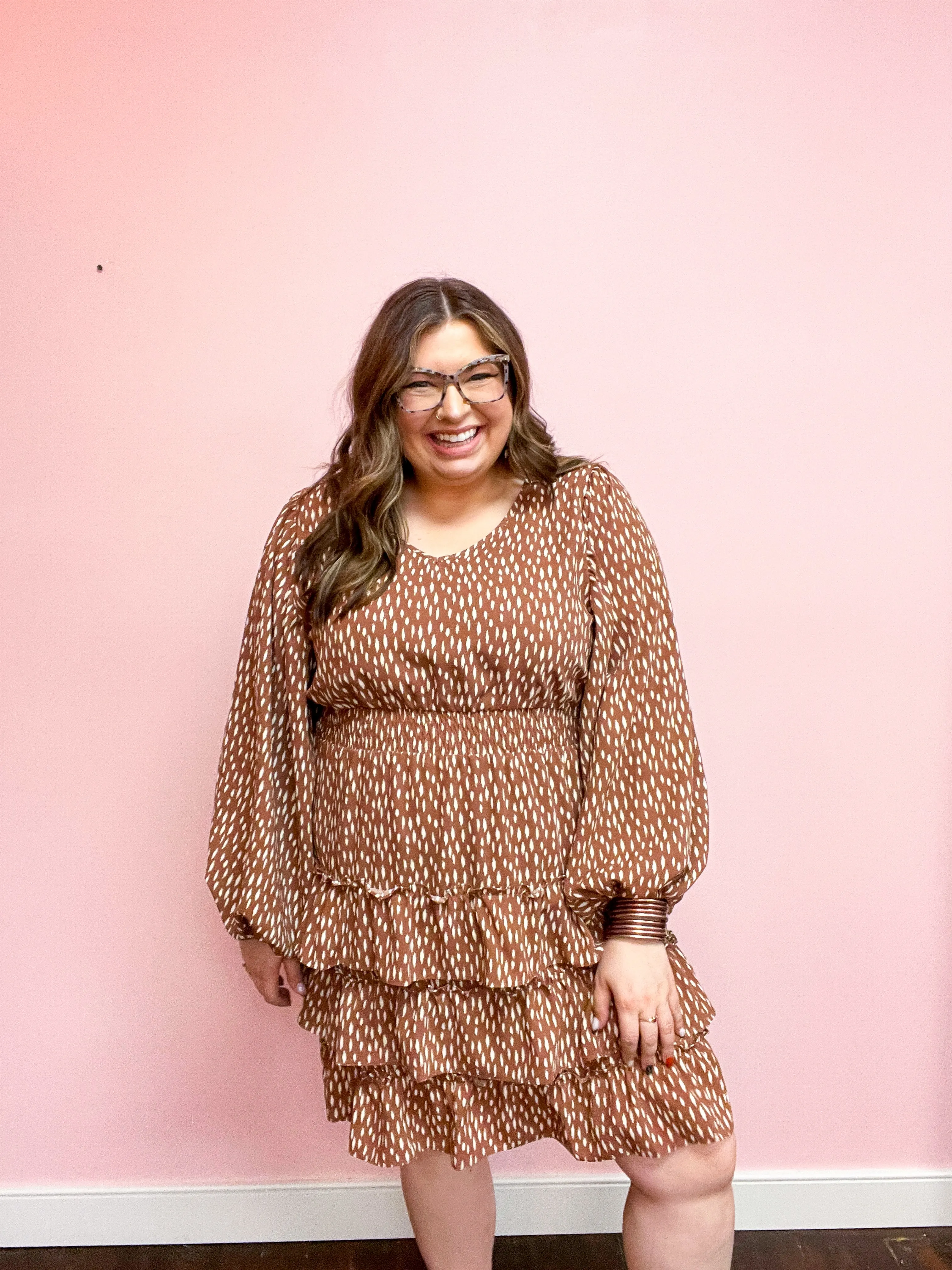 Feminine Flair Terracotta Leopard Print Ruffle Tiered Dress