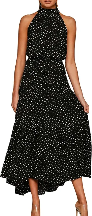 FLITAY Women's Summer Sleeveless Halter Dress Vintage Floral Print Long Dress Casual Resort Sun Dress