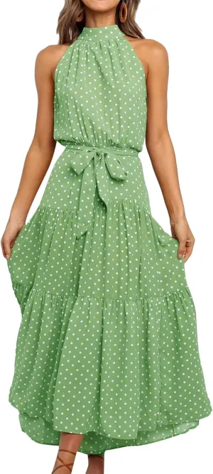 FLITAY Women's Summer Sleeveless Halter Dress Vintage Floral Print Long Dress Casual Resort Sun Dress