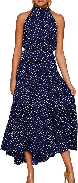 FLITAY Women's Summer Sleeveless Halter Dress Vintage Floral Print Long Dress Casual Resort Sun Dress