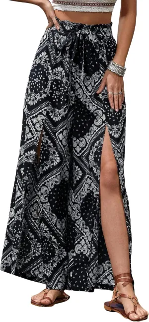 Floerns Women's Ditsy Floral Tie Front Wide Leg Wrap Long Pants
