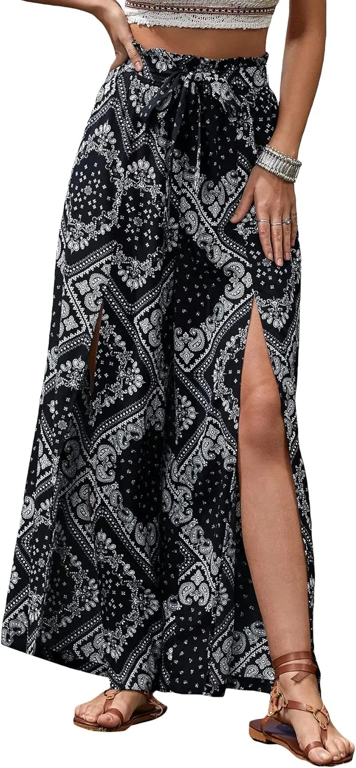 Floerns Women's Ditsy Floral Tie Front Wide Leg Wrap Long Pants