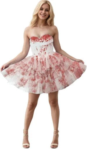 Floral Print Homecoming Dresses for Teens 2025 Strapless Corset Tiered HOCO Dress with Flower