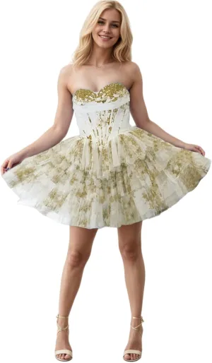 Floral Print Homecoming Dresses for Teens 2025 Strapless Corset Tiered HOCO Dress with Flower