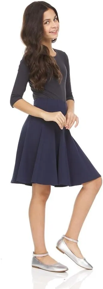 Girls' School Uniform Pleated Pull-on Knee Length Panel Skirt, Knit Waistband