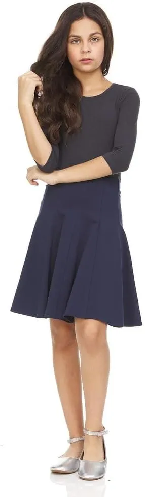 Girls' School Uniform Pleated Pull-on Knee Length Panel Skirt, Knit Waistband