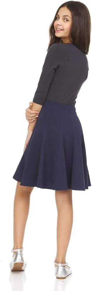 Girls' School Uniform Pleated Pull-on Knee Length Panel Skirt, Knit Waistband