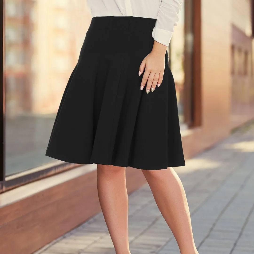 Girls' School Uniform Pleated Pull-on Knee Length Panel Skirt, Knit Waistband