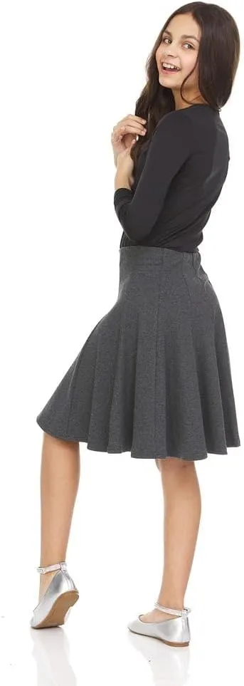 Girls' School Uniform Pleated Pull-on Knee Length Ribbed Cotton Panel Skirt, Knit Waistband