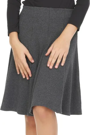 Girls' School Uniform Pleated Pull-on Knee Length Ribbed Cotton Panel Skirt, Knit Waistband