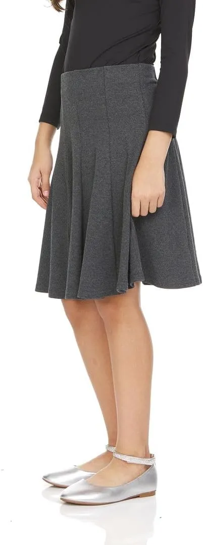 Girls' School Uniform Pleated Pull-on Knee Length Ribbed Cotton Panel Skirt, Knit Waistband