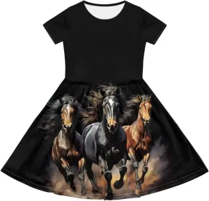 Girls Short Sleeve Casual Swing Midi Dress with Pockets for 4-14 Kids