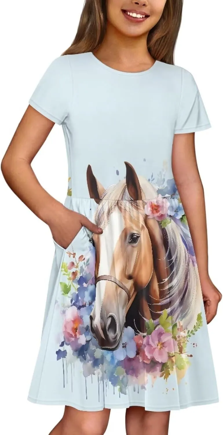 Girls Short Sleeve Casual Swing Midi Dress with Pockets for 4-14 Kids