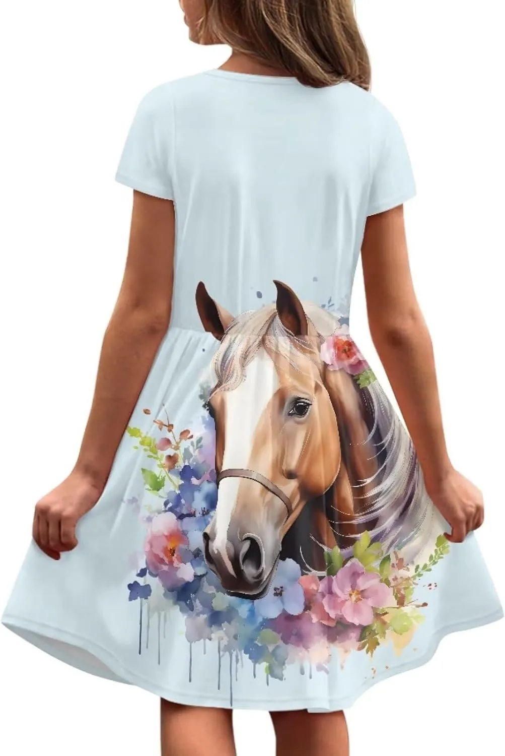 Girls Short Sleeve Casual Swing Midi Dress with Pockets for 4-14 Kids