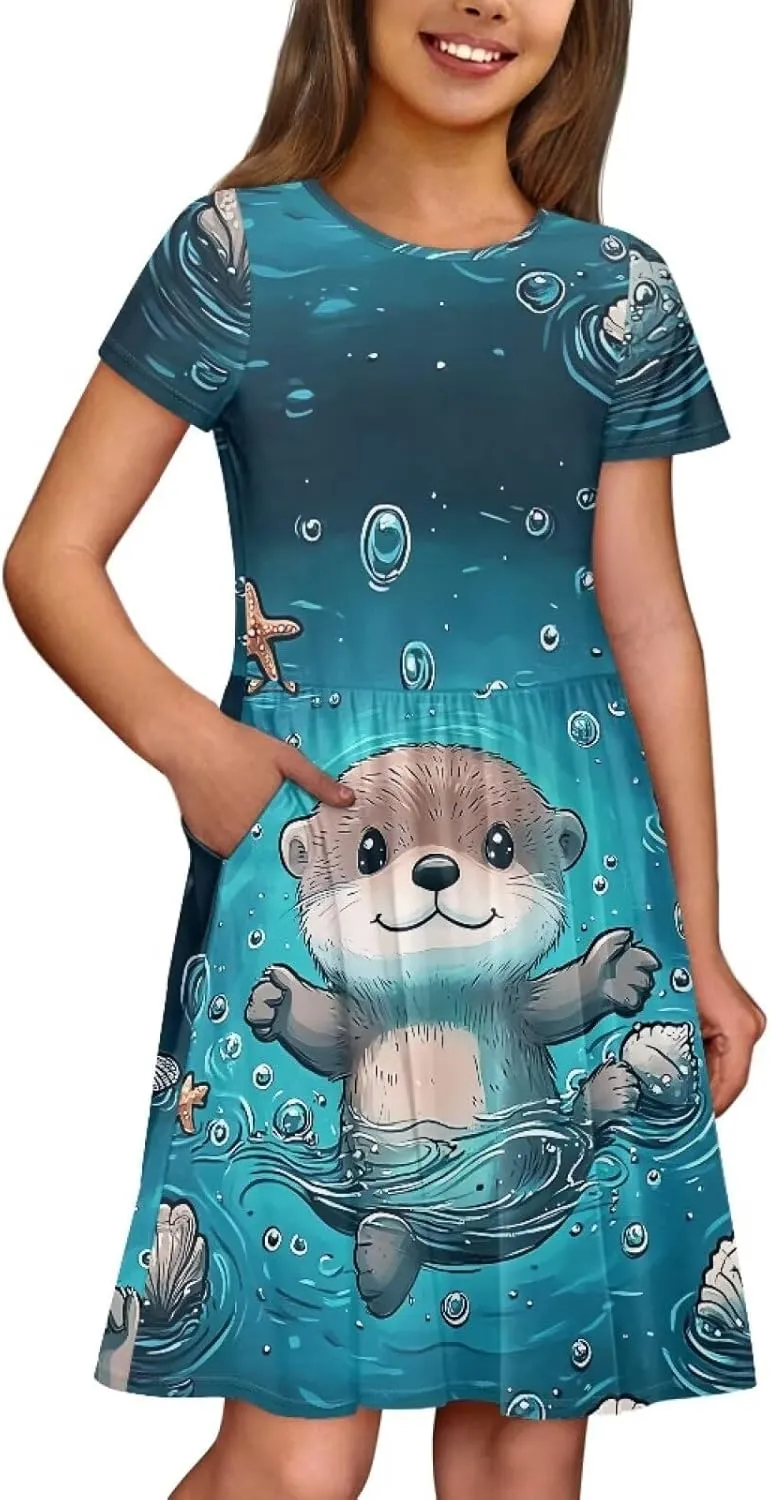 Girls Short Sleeve Casual Swing Midi Dress with Pockets for 4-14 Kids