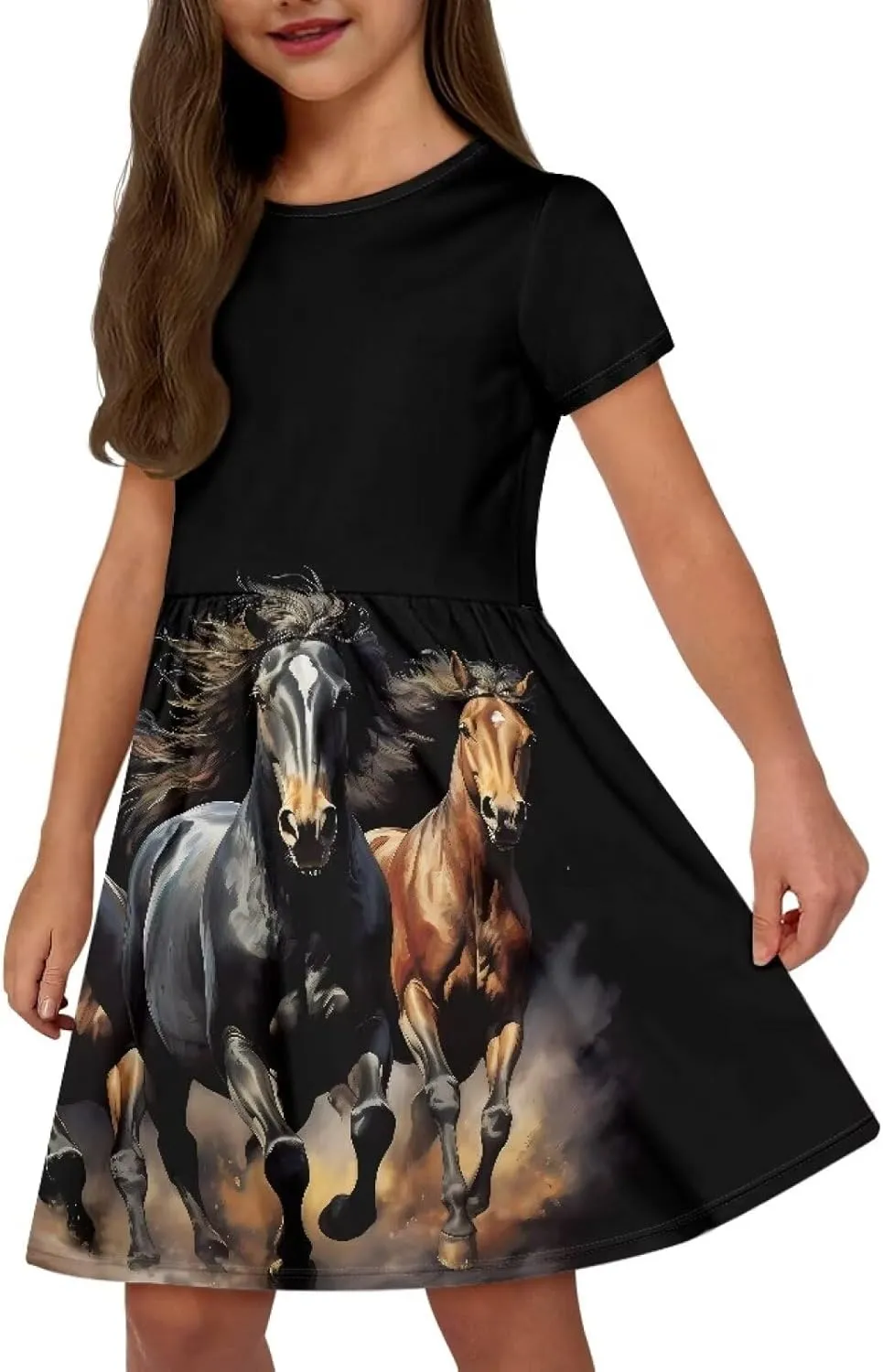 Girls Short Sleeve Casual Swing Midi Dress with Pockets for 4-14 Kids