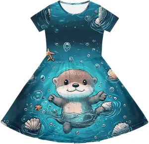 Girls Short Sleeve Casual Swing Midi Dress with Pockets for 4-14 Kids