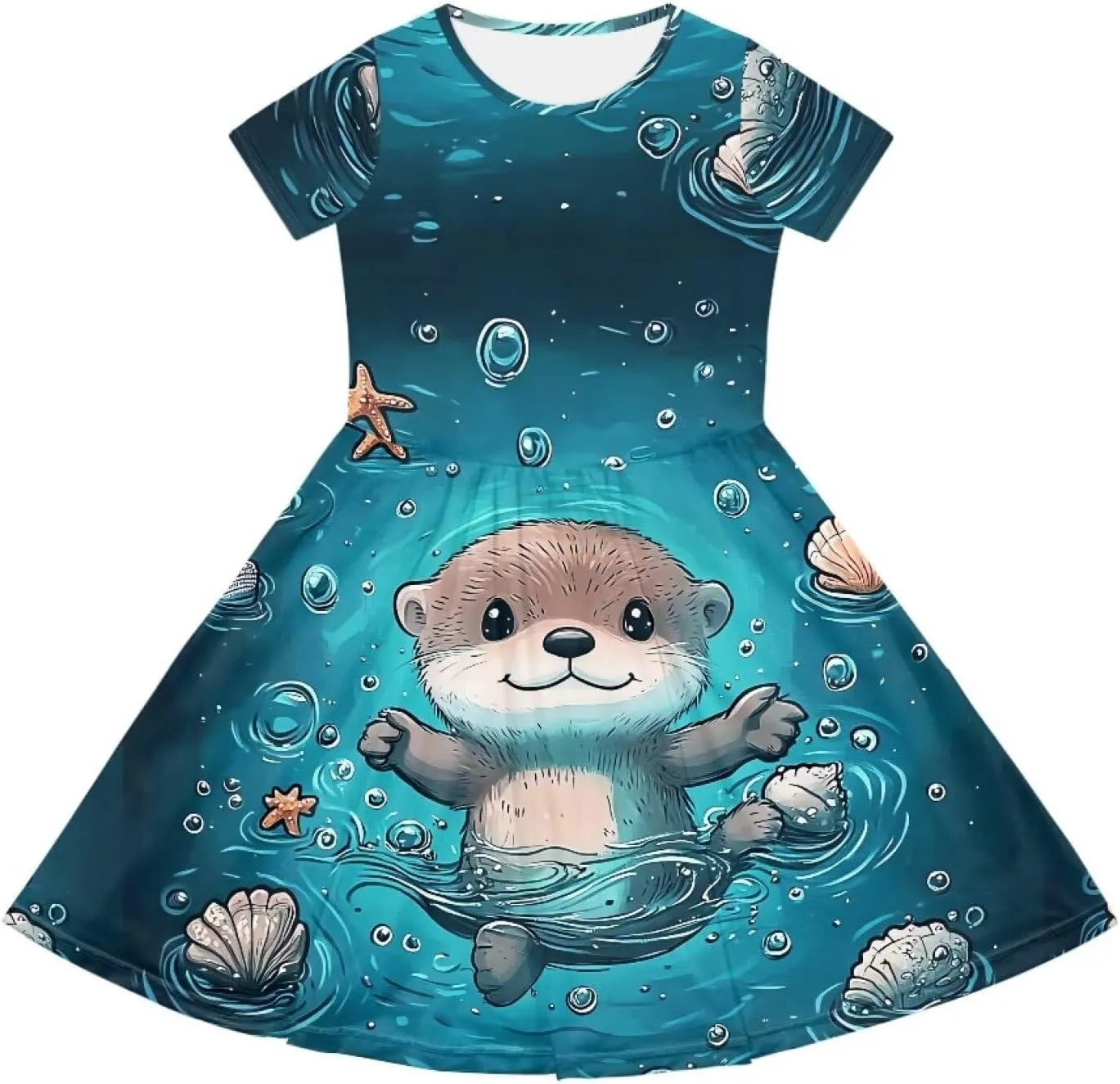 Girls Short Sleeve Casual Swing Midi Dress with Pockets for 4-14 Kids