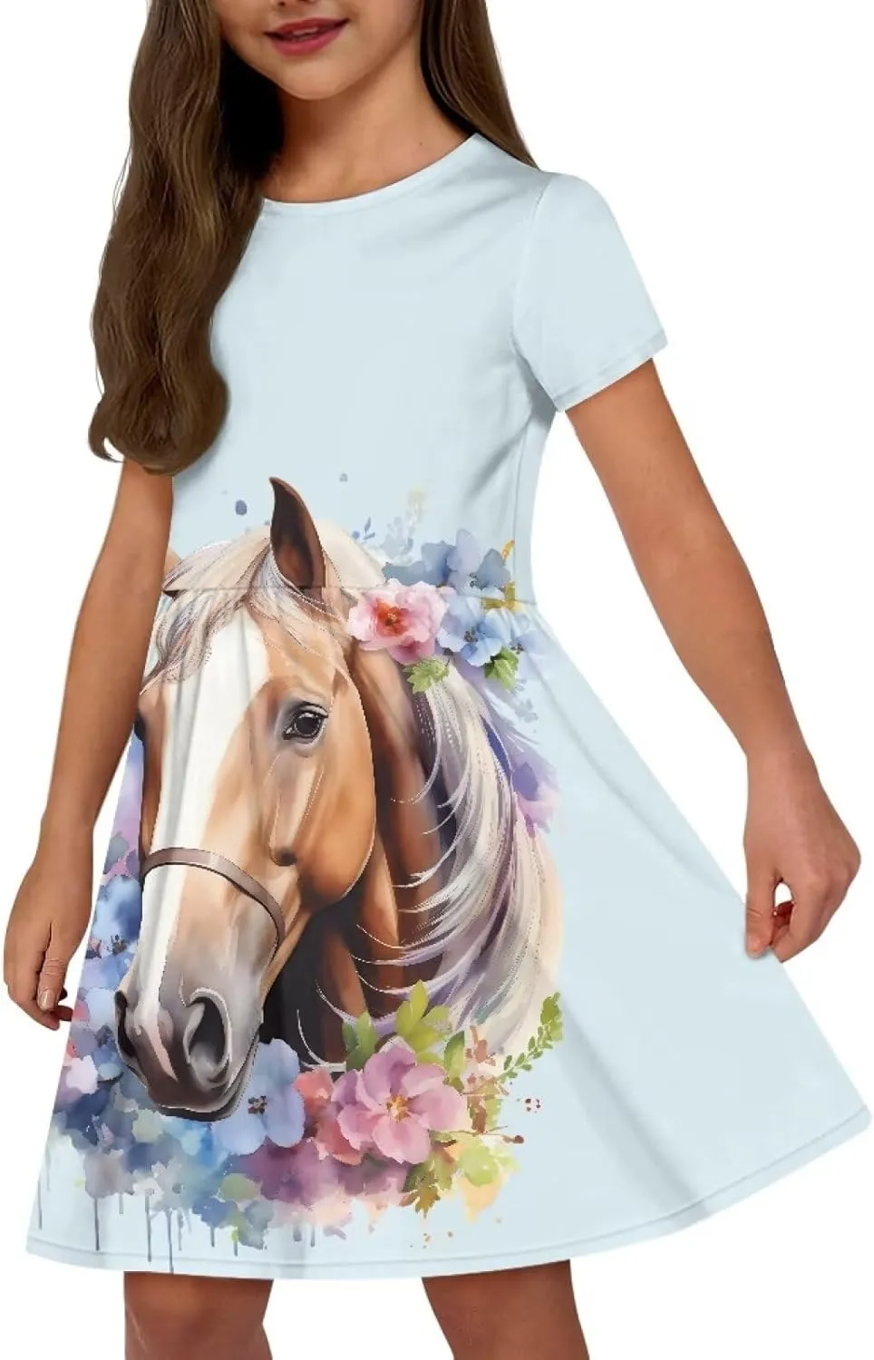 Girls Short Sleeve Casual Swing Midi Dress with Pockets for 4-14 Kids