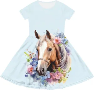 Girls Short Sleeve Casual Swing Midi Dress with Pockets for 4-14 Kids