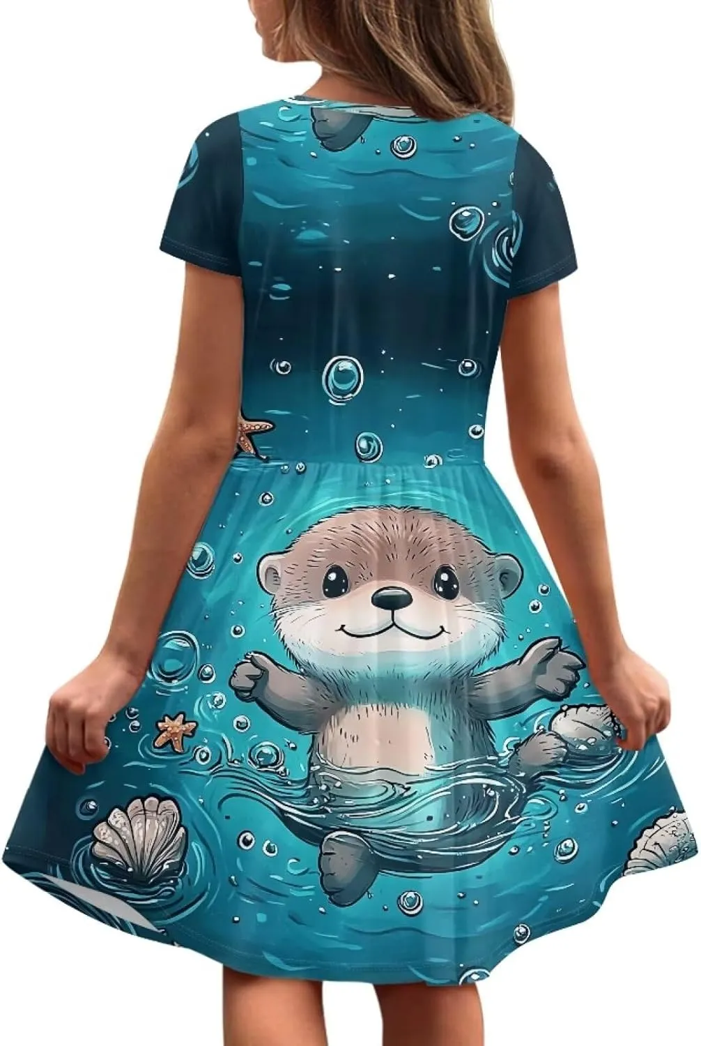 Girls Short Sleeve Casual Swing Midi Dress with Pockets for 4-14 Kids