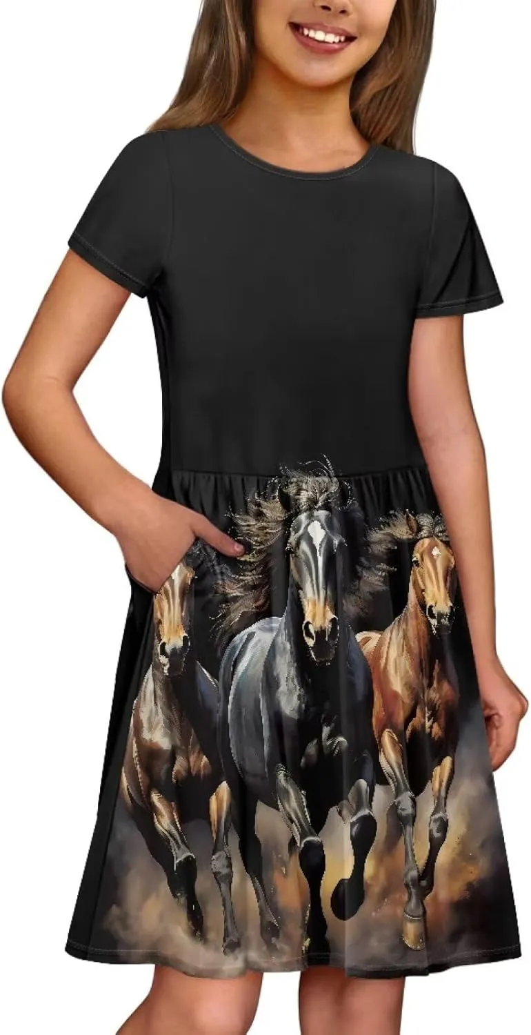 Girls Short Sleeve Casual Swing Midi Dress with Pockets for 4-14 Kids