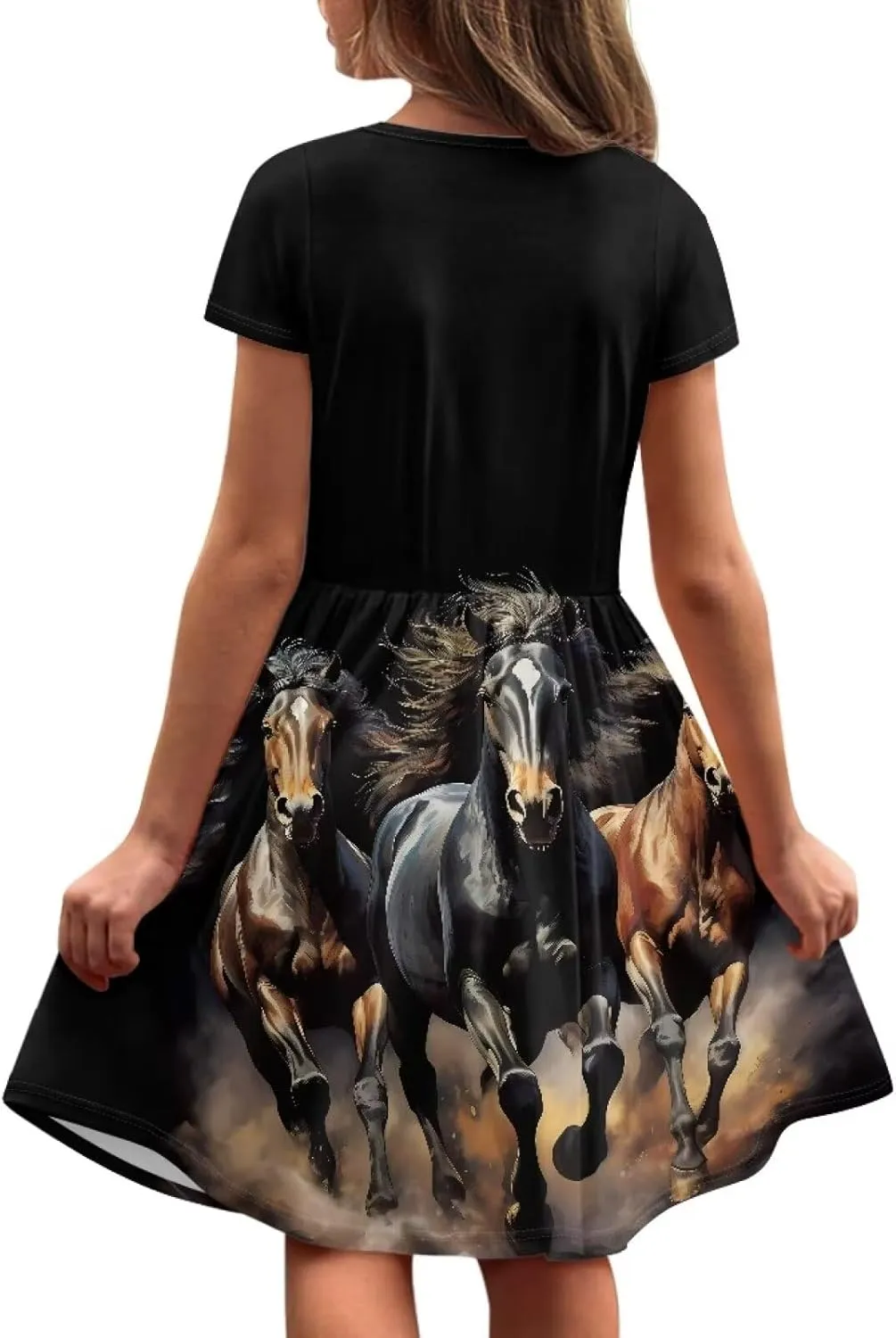 Girls Short Sleeve Casual Swing Midi Dress with Pockets for 4-14 Kids