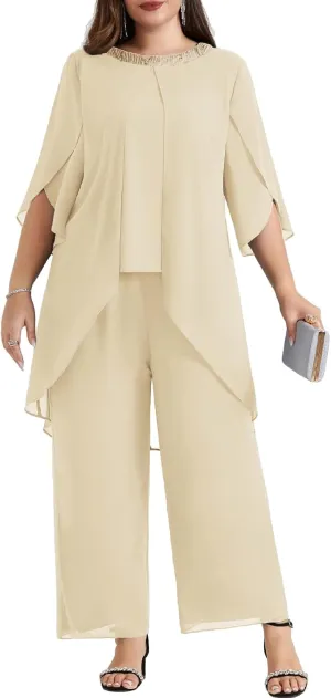 Hanna Nikole Plus Size Mother of The Bride Pant Suits 2 Piece Chiffon Sets Dressy Wedding Guest Outfit with High Low Hem