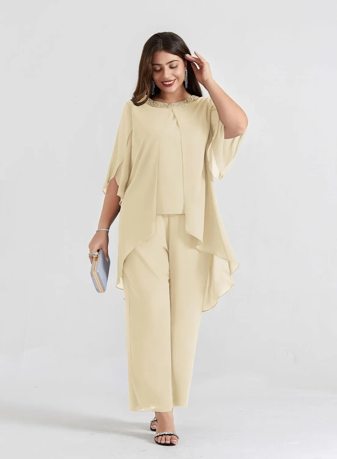 Hanna Nikole Plus Size Mother of The Bride Pant Suits 2 Piece Chiffon Sets Dressy Wedding Guest Outfit with High Low Hem