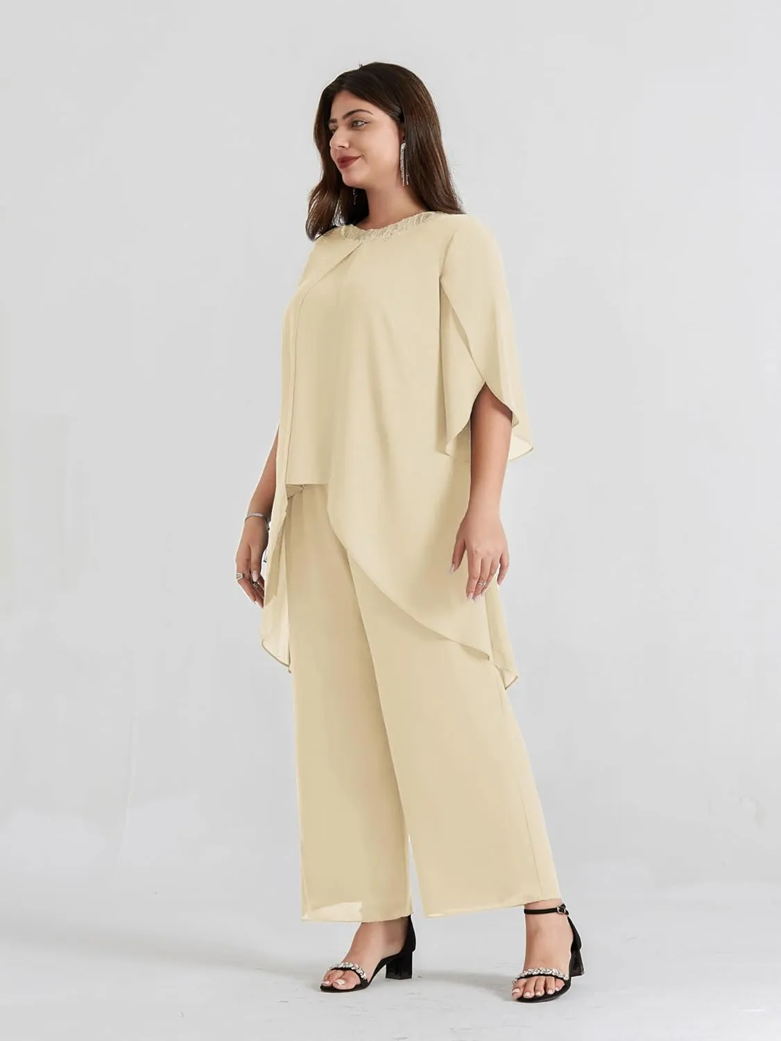 Hanna Nikole Plus Size Mother of The Bride Pant Suits 2 Piece Chiffon Sets Dressy Wedding Guest Outfit with High Low Hem