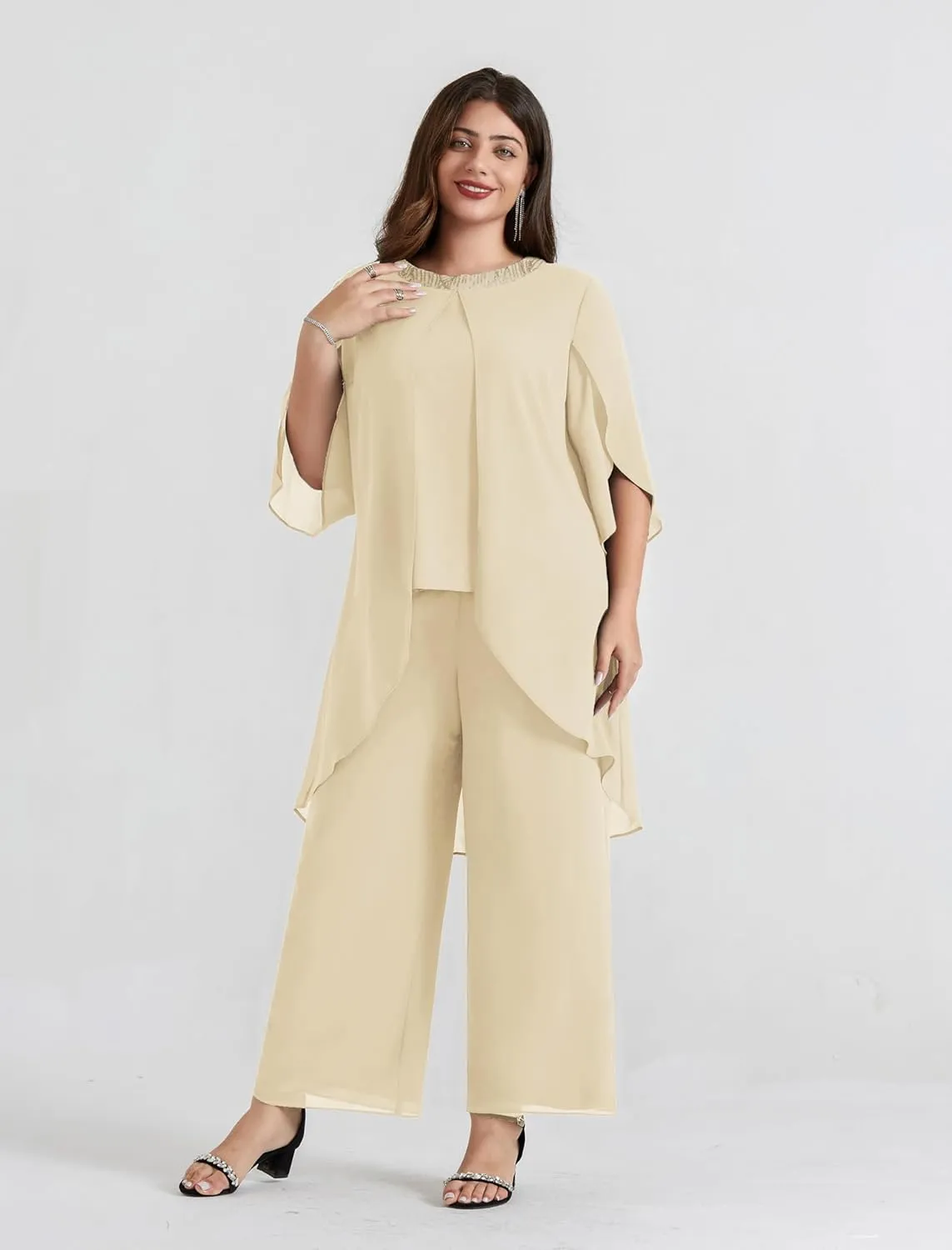 Hanna Nikole Plus Size Mother of The Bride Pant Suits 2 Piece Chiffon Sets Dressy Wedding Guest Outfit with High Low Hem