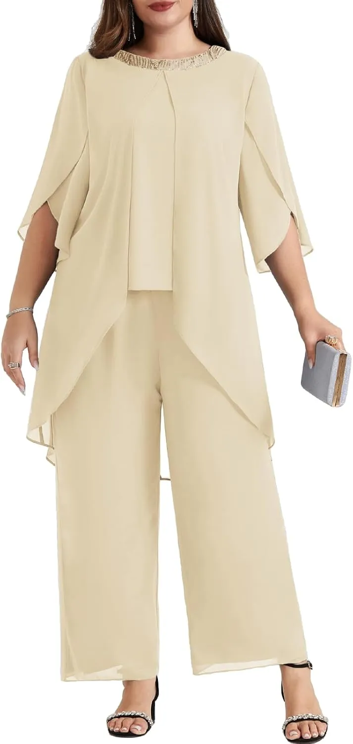 Hanna Nikole Plus Size Mother of The Bride Pant Suits 2 Piece Chiffon Sets Dressy Wedding Guest Outfit with High Low Hem