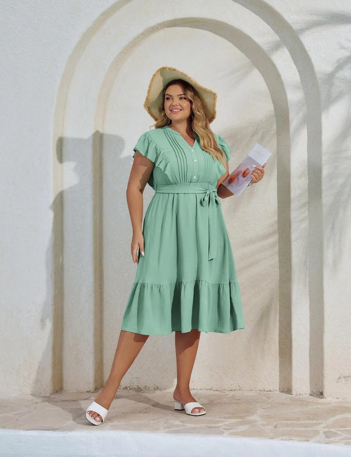 Hanna Nikole Plus Size Women's A-Line Dress with Ruffle Sleeves and Smocked Bust Elastic Waistband Lined Party Dress