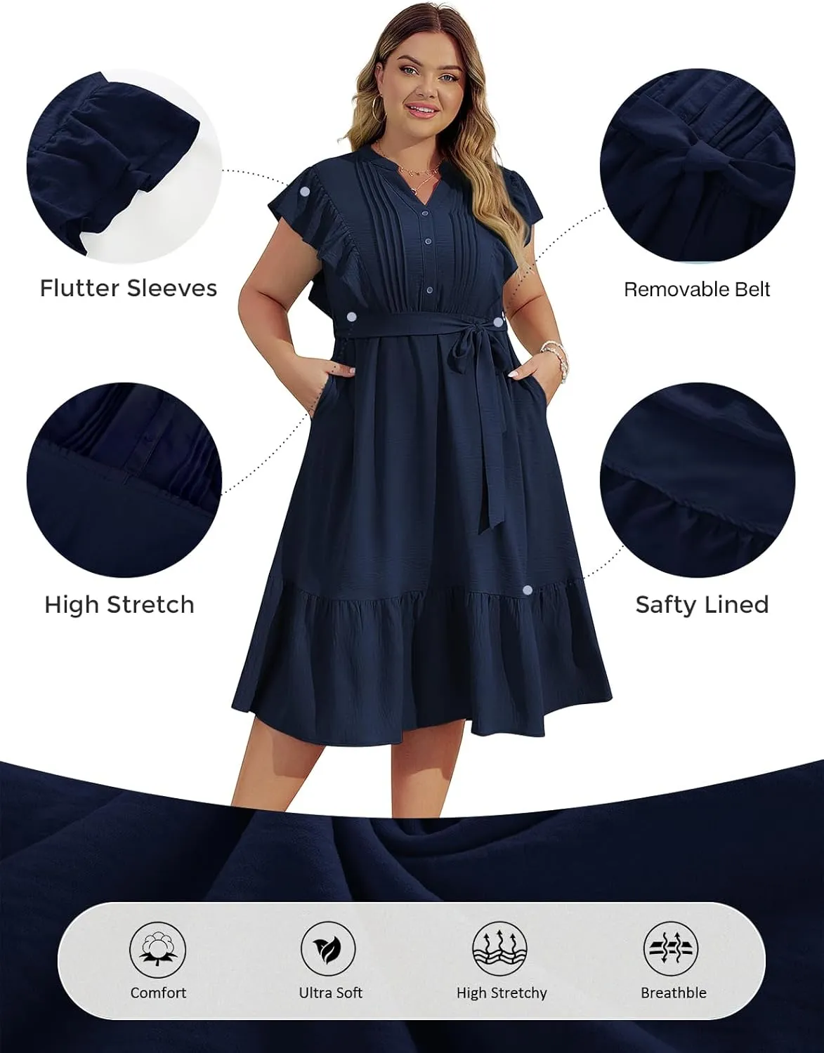 Hanna Nikole Plus Size Women's A-Line Dress with Ruffle Sleeves and Smocked Bust Elastic Waistband Lined Party Dress
