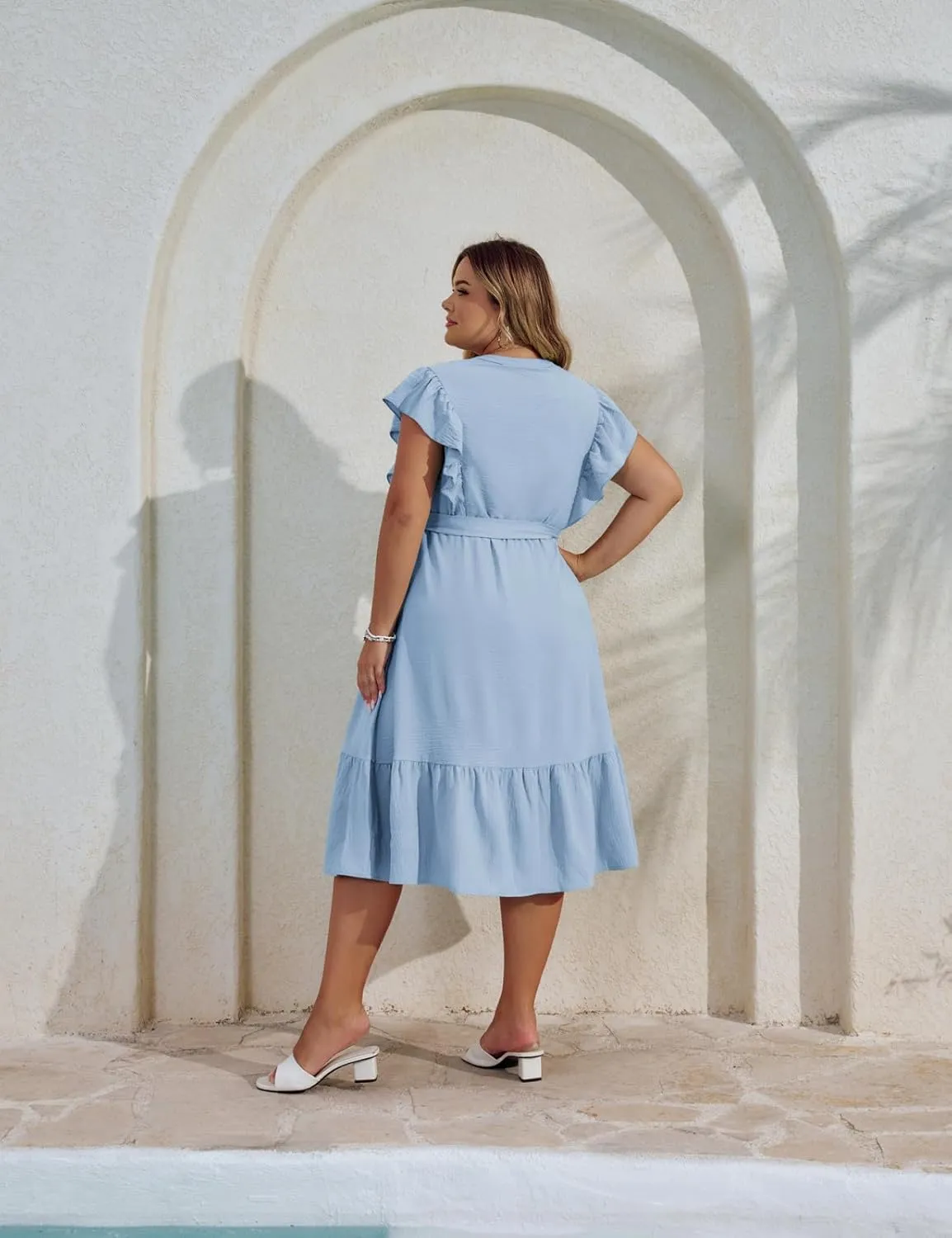 Hanna Nikole Plus Size Women's A-Line Dress with Ruffle Sleeves and Smocked Bust Elastic Waistband Lined Party Dress
