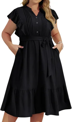 Hanna Nikole Plus Size Women's A-Line Dress with Ruffle Sleeves and Smocked Bust Elastic Waistband Lined Party Dress