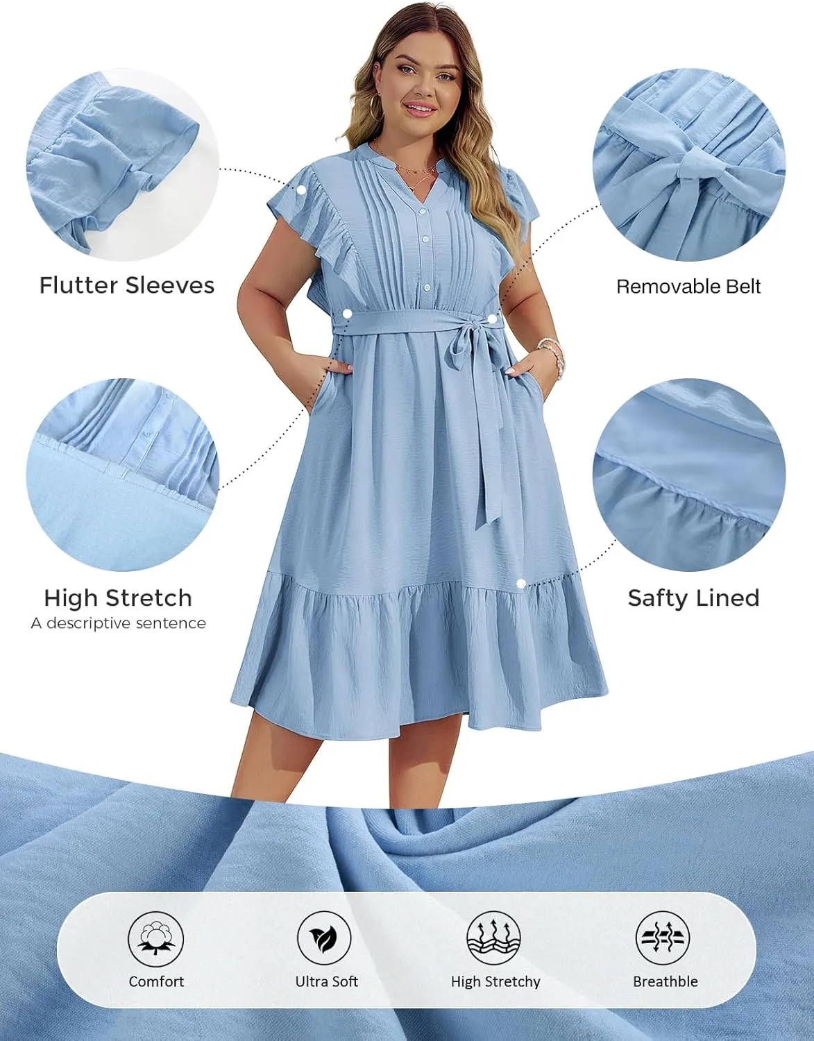 Hanna Nikole Plus Size Women's A-Line Dress with Ruffle Sleeves and Smocked Bust Elastic Waistband Lined Party Dress