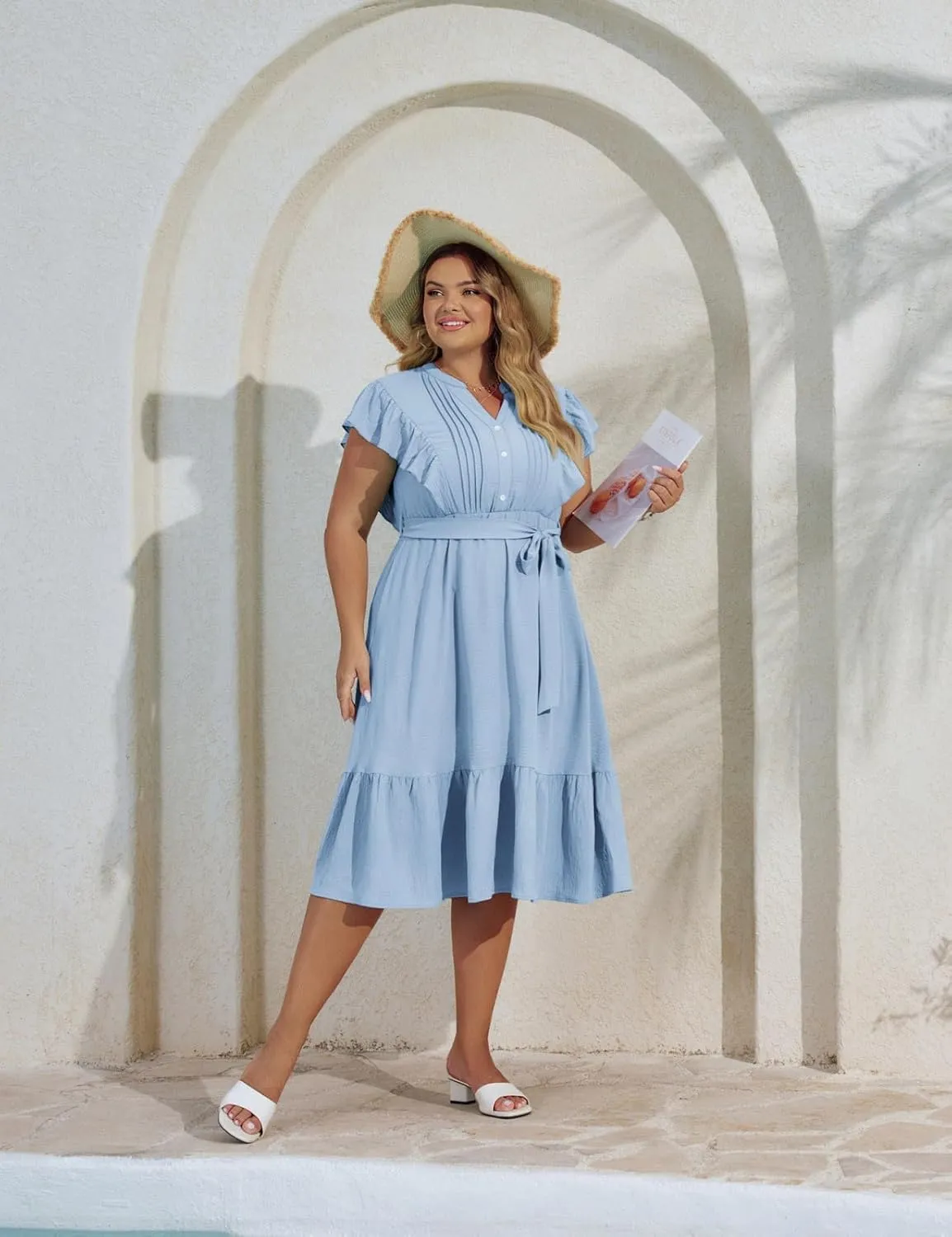 Hanna Nikole Plus Size Women's A-Line Dress with Ruffle Sleeves and Smocked Bust Elastic Waistband Lined Party Dress