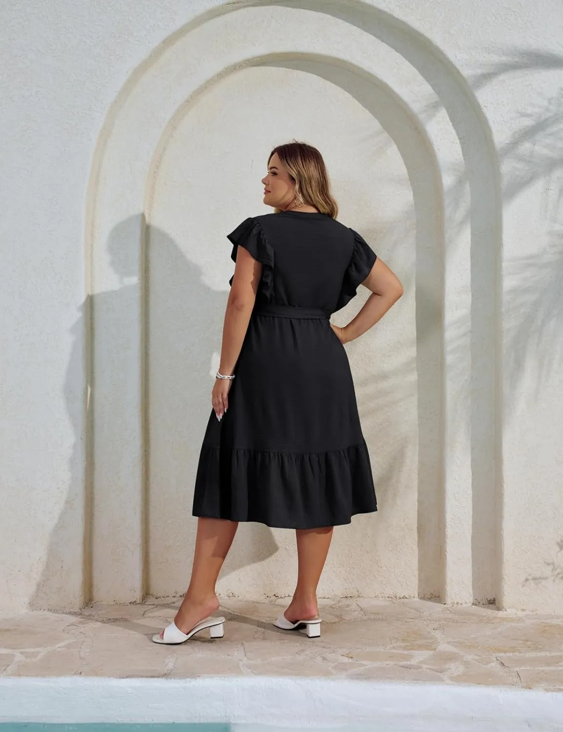 Hanna Nikole Plus Size Women's A-Line Dress with Ruffle Sleeves and Smocked Bust Elastic Waistband Lined Party Dress