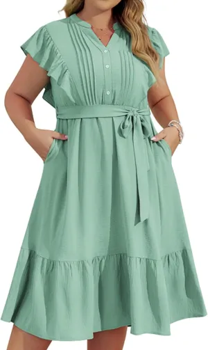 Hanna Nikole Plus Size Women's A-Line Dress with Ruffle Sleeves and Smocked Bust Elastic Waistband Lined Party Dress