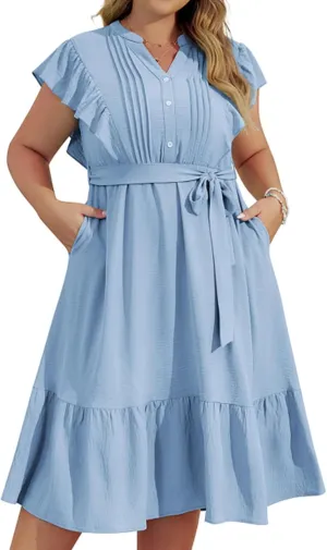 Hanna Nikole Plus Size Women's A-Line Dress with Ruffle Sleeves and Smocked Bust Elastic Waistband Lined Party Dress