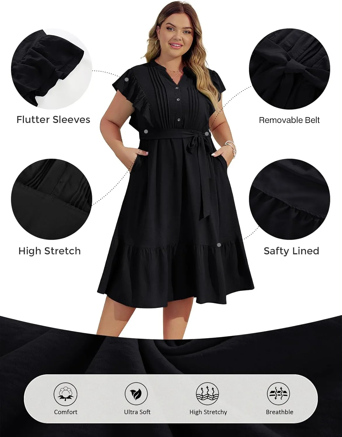 Hanna Nikole Plus Size Women's A-Line Dress with Ruffle Sleeves and Smocked Bust Elastic Waistband Lined Party Dress